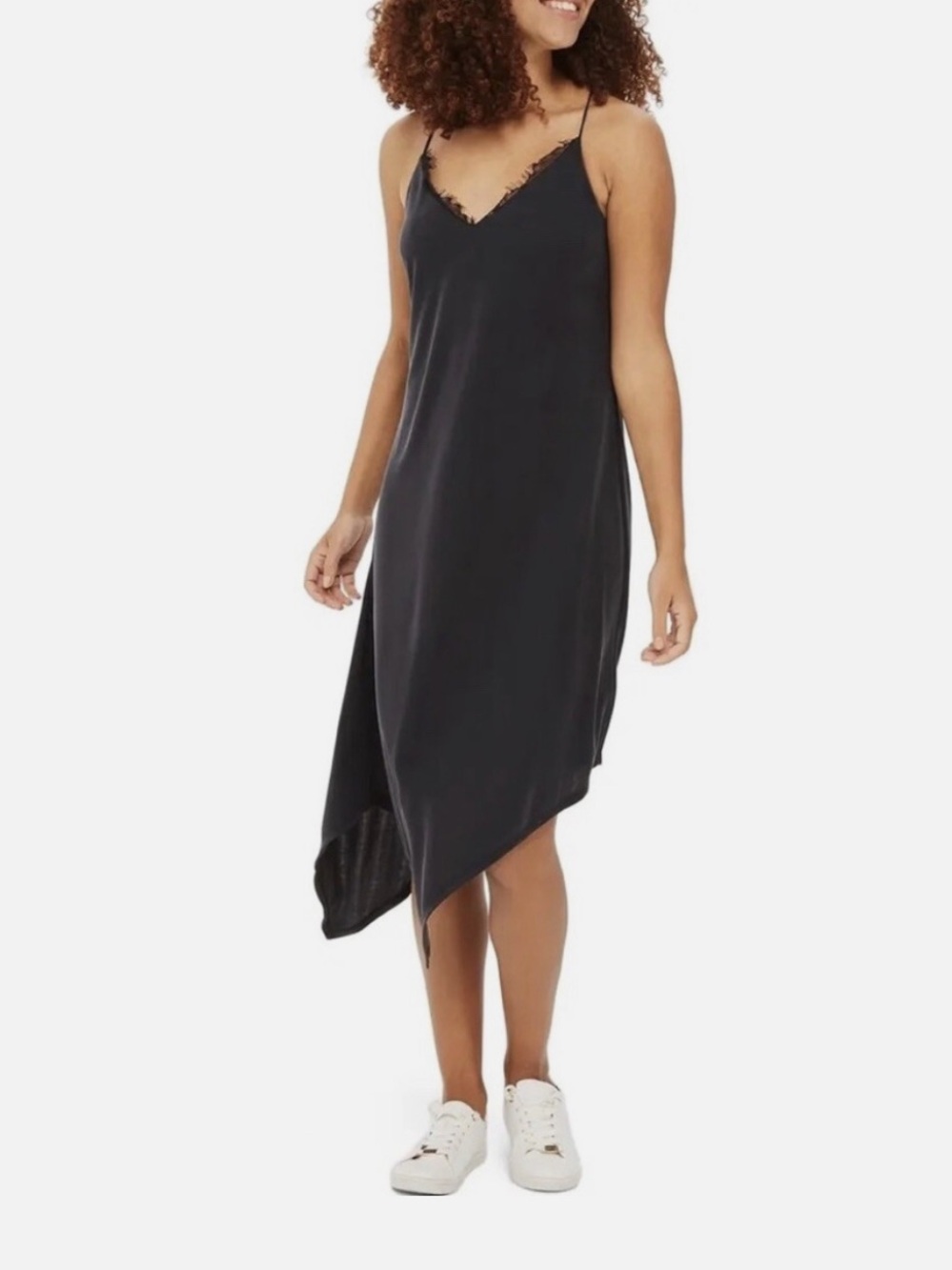 Topshop Black Asymmetrical Slip Dress with Strappy Back and Lace Detail